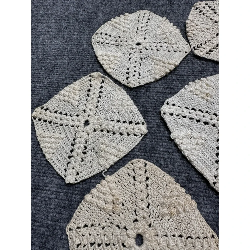 Vintage Crocheted Doilies Lot 8 Beige 5in Square Early 1980s Popcorn Stitch